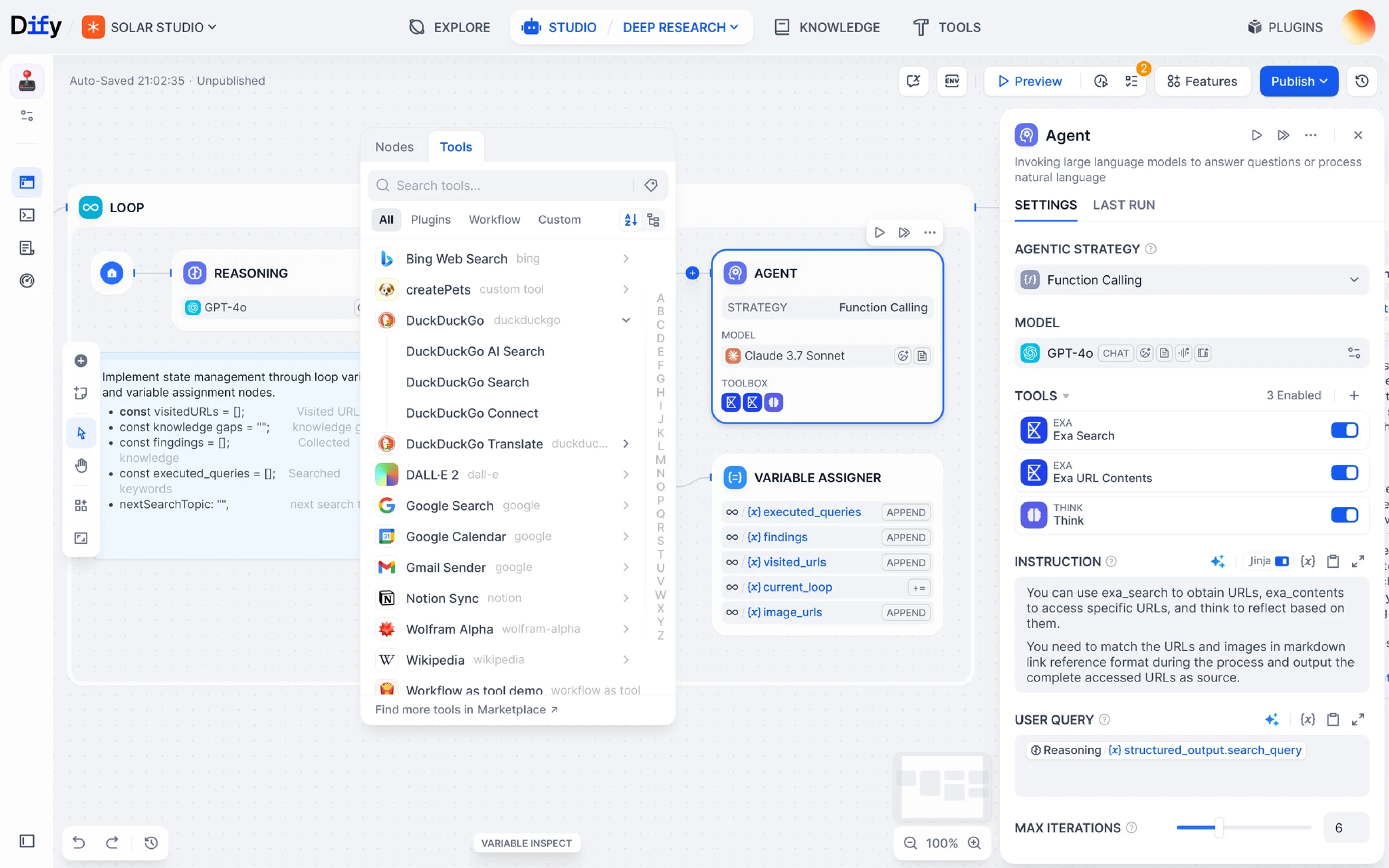 Dify workflow builder configuring an AI feature for a product surface, with prompts, tools and guardrails